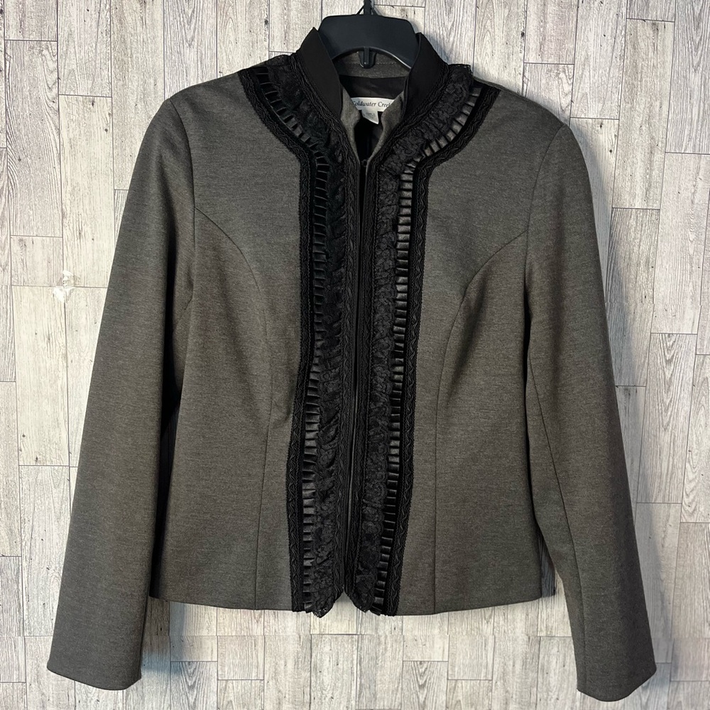 Coldwater Creek Charcoal Grey Jacket with Victorian Style Black Trim Size 10